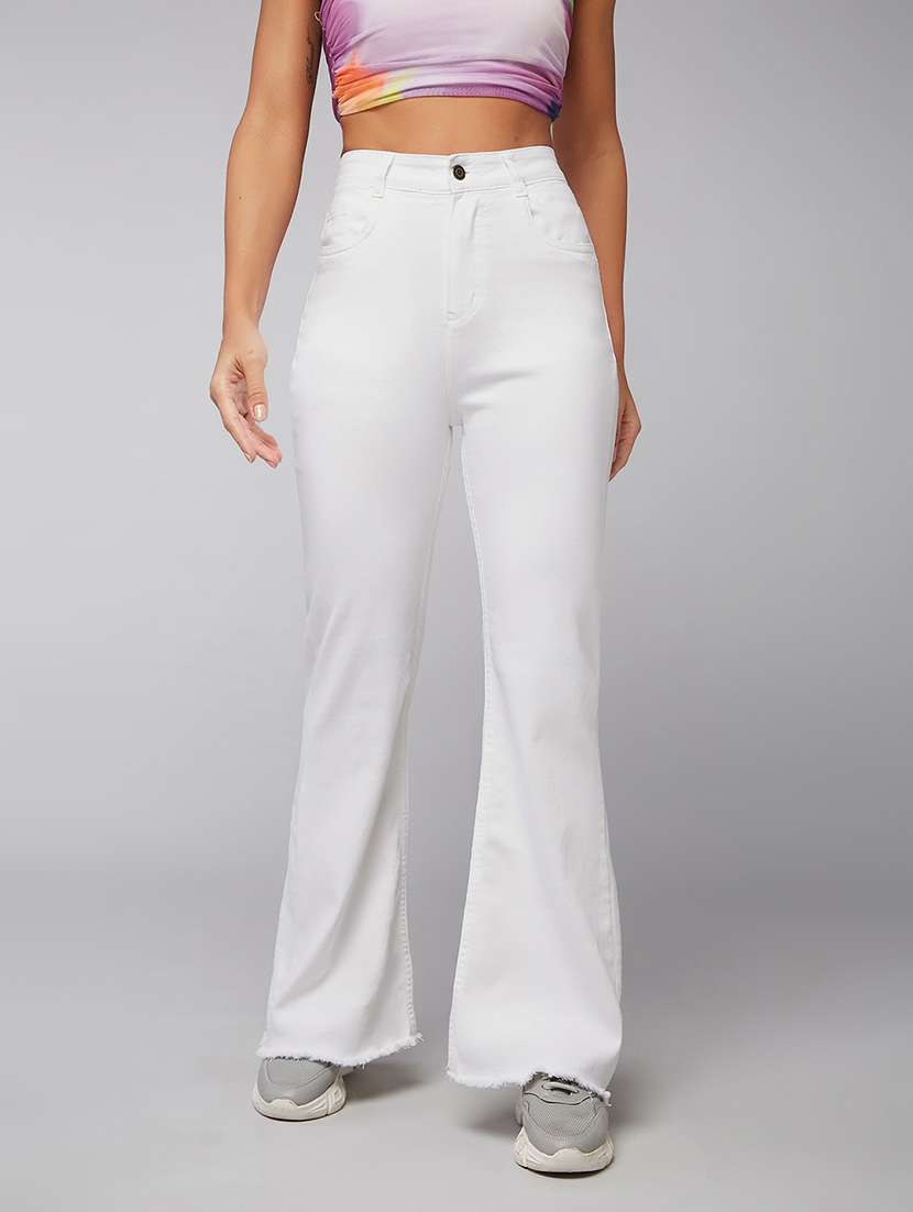 women solid high rise bootcut jeans