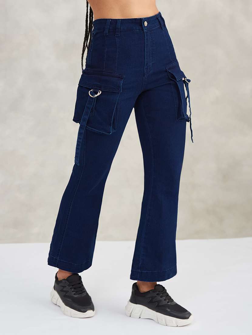 women solid high rise denim cargo