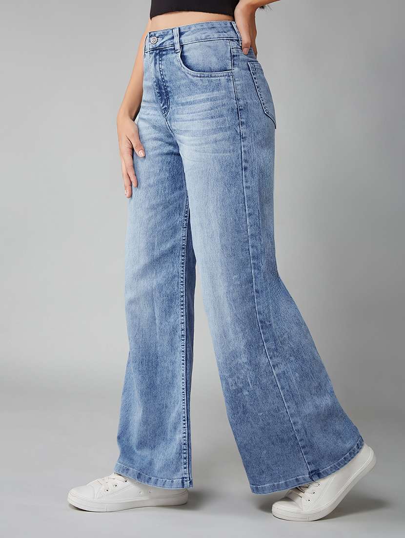women solid high rise wide leg jeans