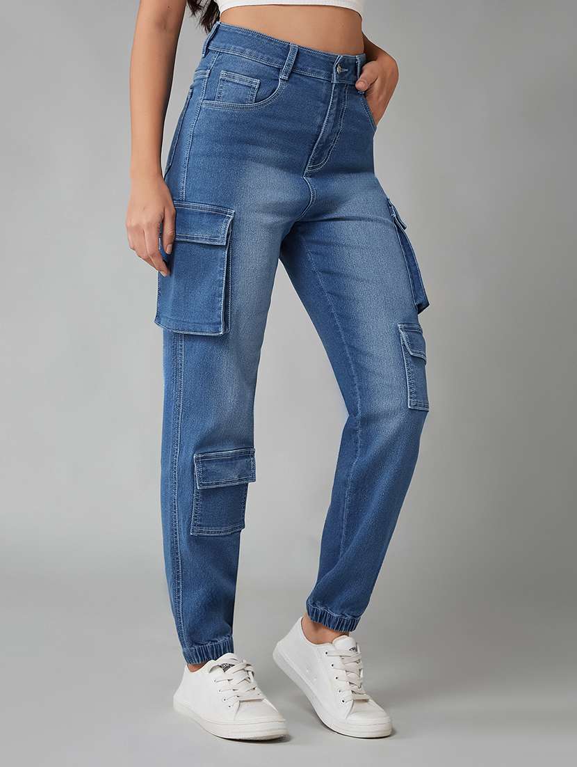 women solid high rise cargo jogger