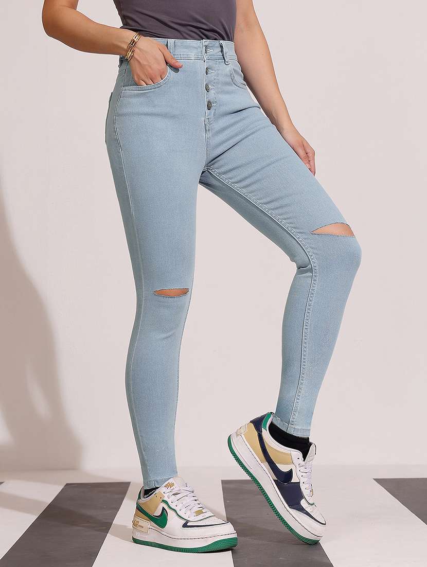 women slash knee high rise skinny jeans