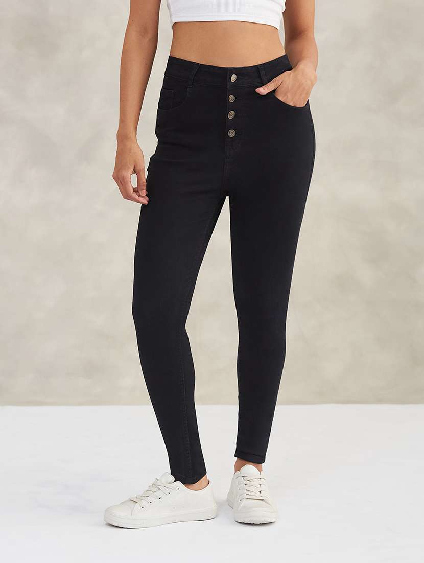 women solid high rise skinny jeans