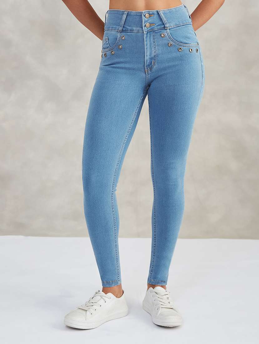 women solid high rise skinny jeans