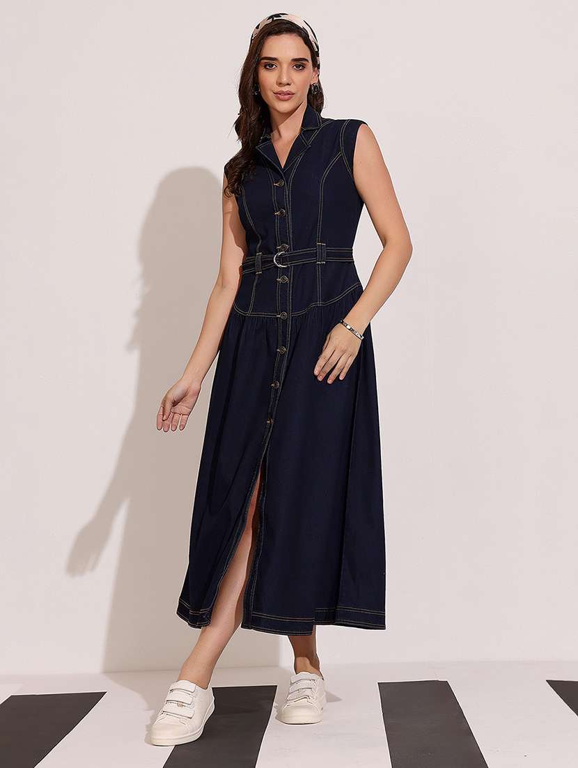 women solid sleeveless denim a-line dress