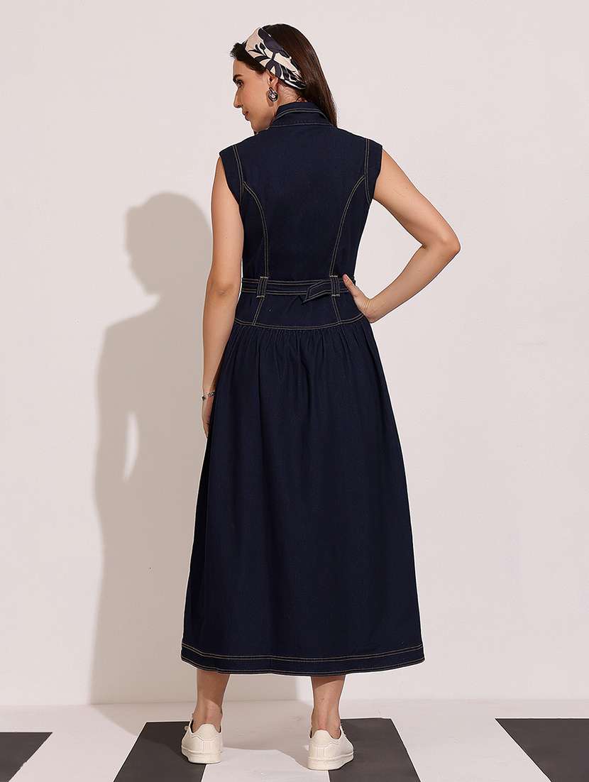women solid sleeveless denim a-line dress - 22402380 -  Standard Image - 3
