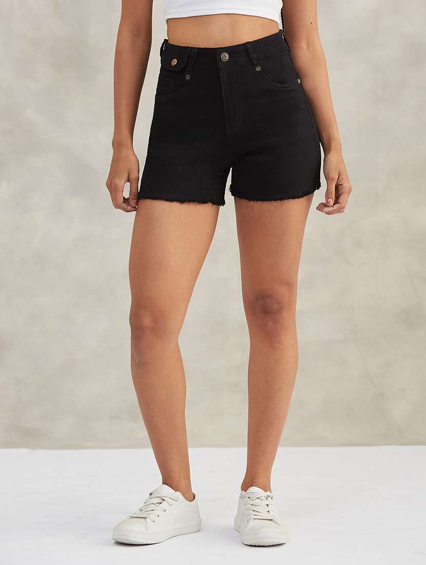 women solid high rise denim shorts