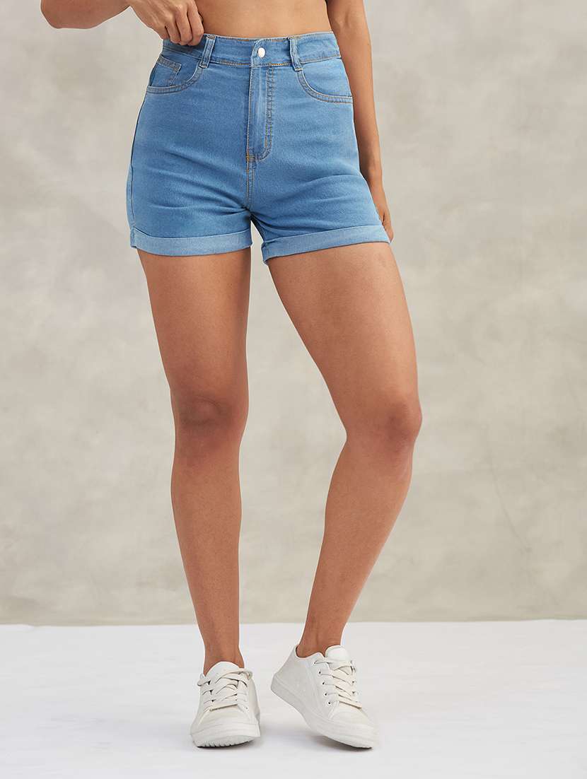 women solid high rise denim shorts