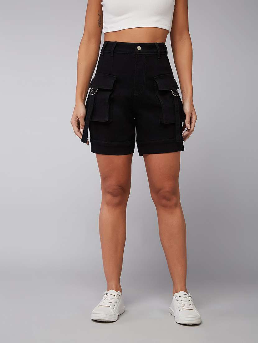 women solid high rise denim cargo shorts