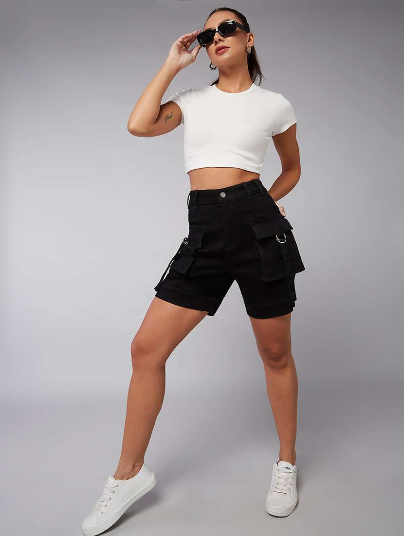 women solid high rise denim cargo shorts - 22402428 -  Standard Image - 3
