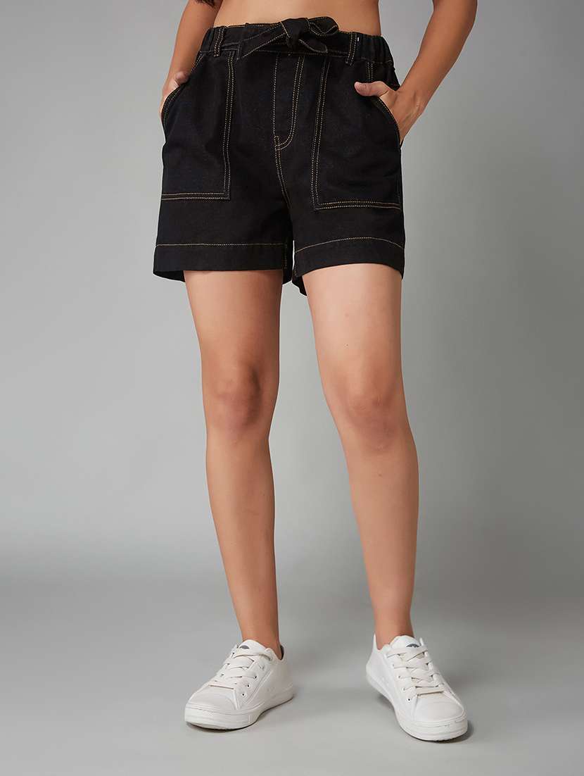 women solid high rise denim shorts