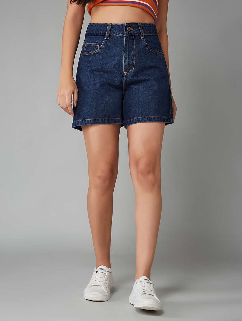 women solid high rise denim shorts