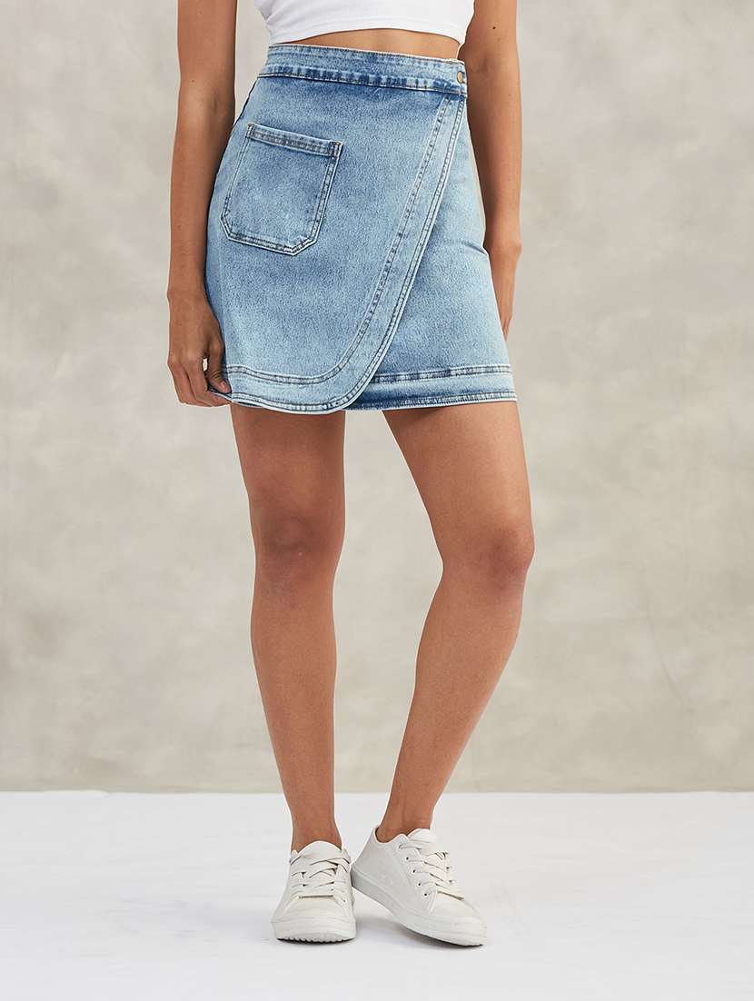 women solid high rise denim wrap skirt