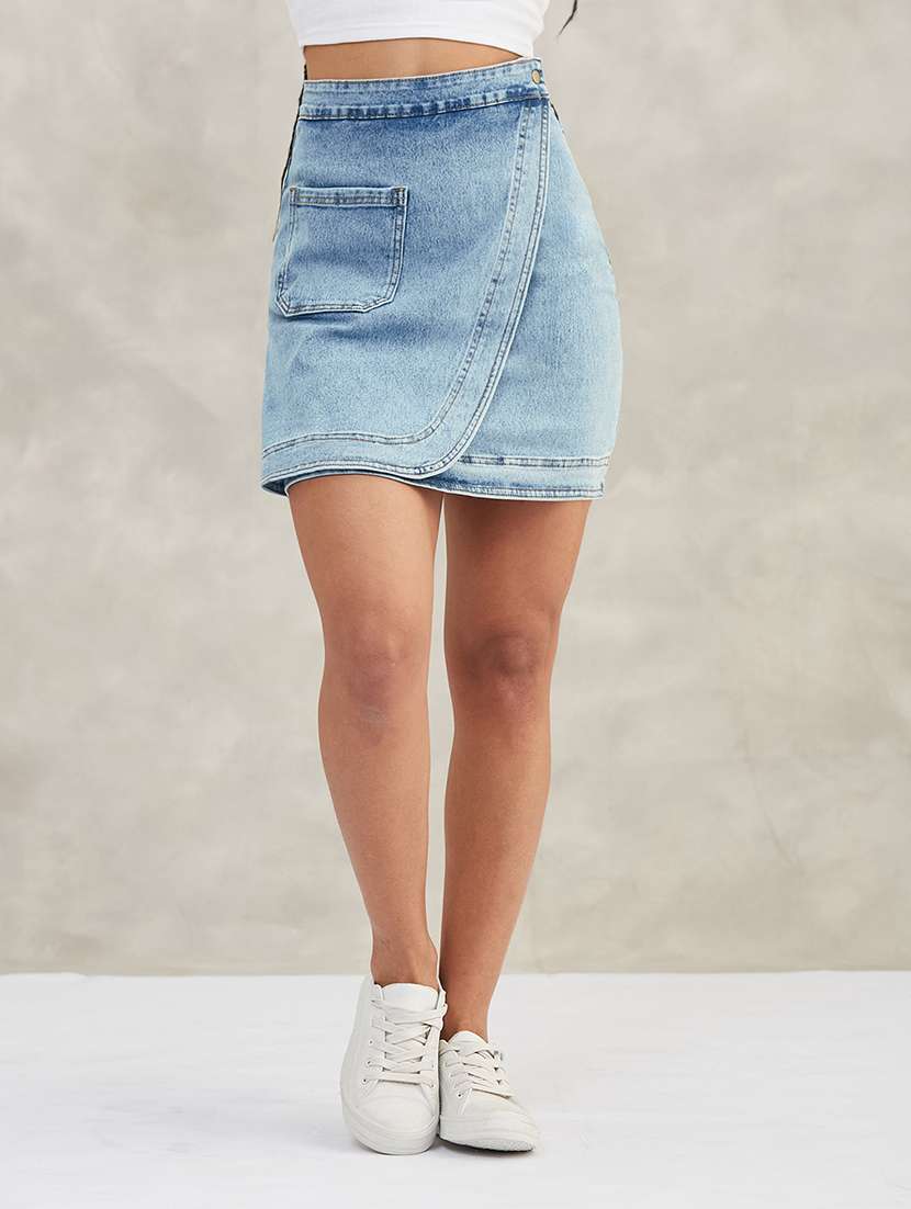 women solid high rise denim wrap skirt