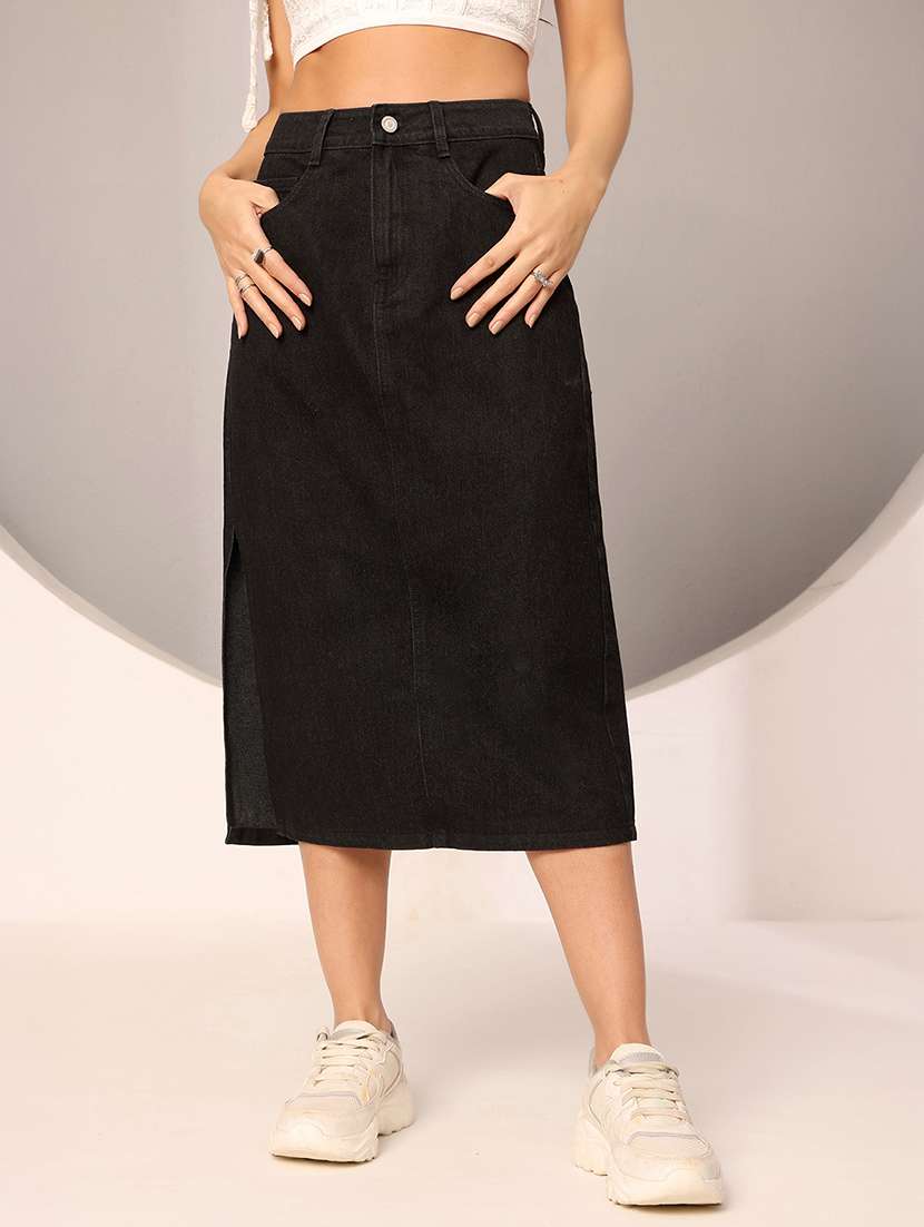 women solid high rise midi denim skirt