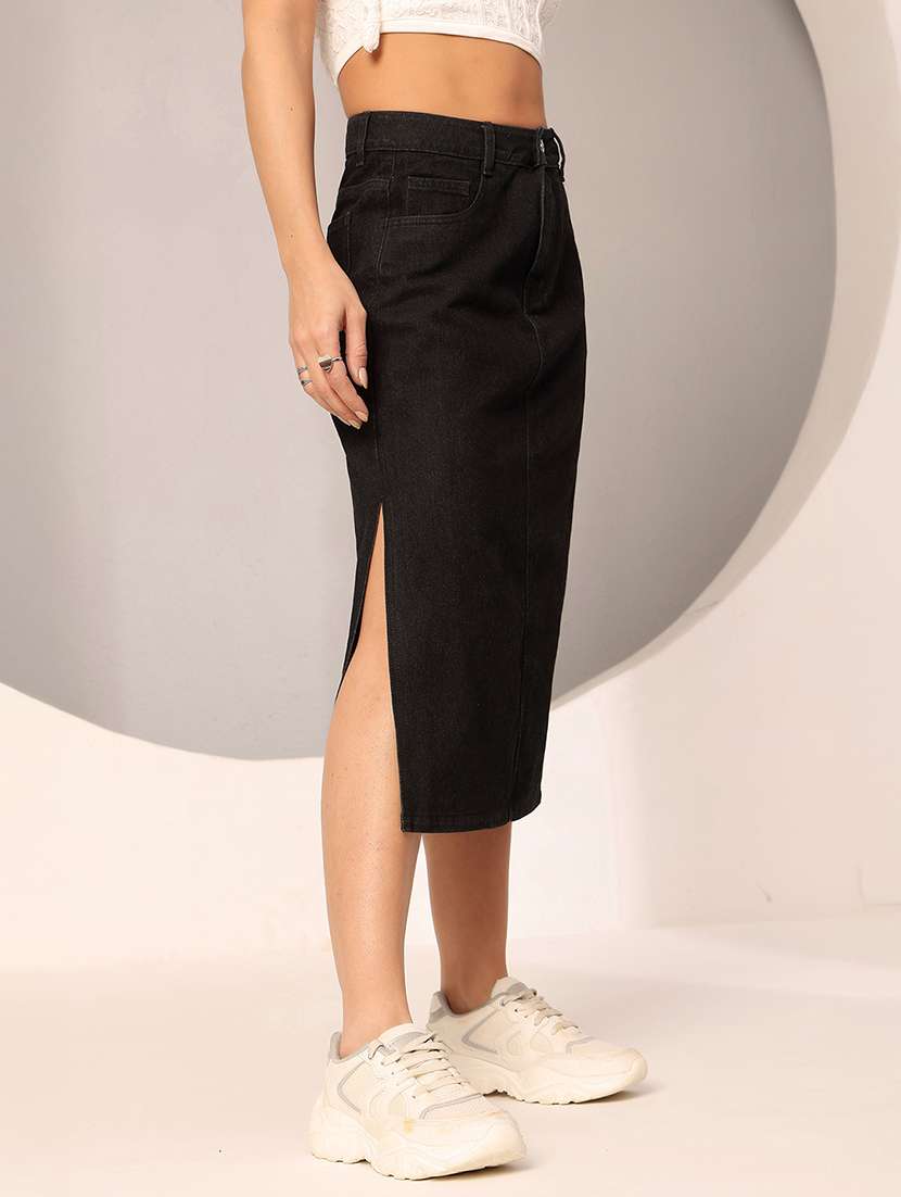 women solid high rise midi denim skirt - 22402488 -  Standard Image - 3