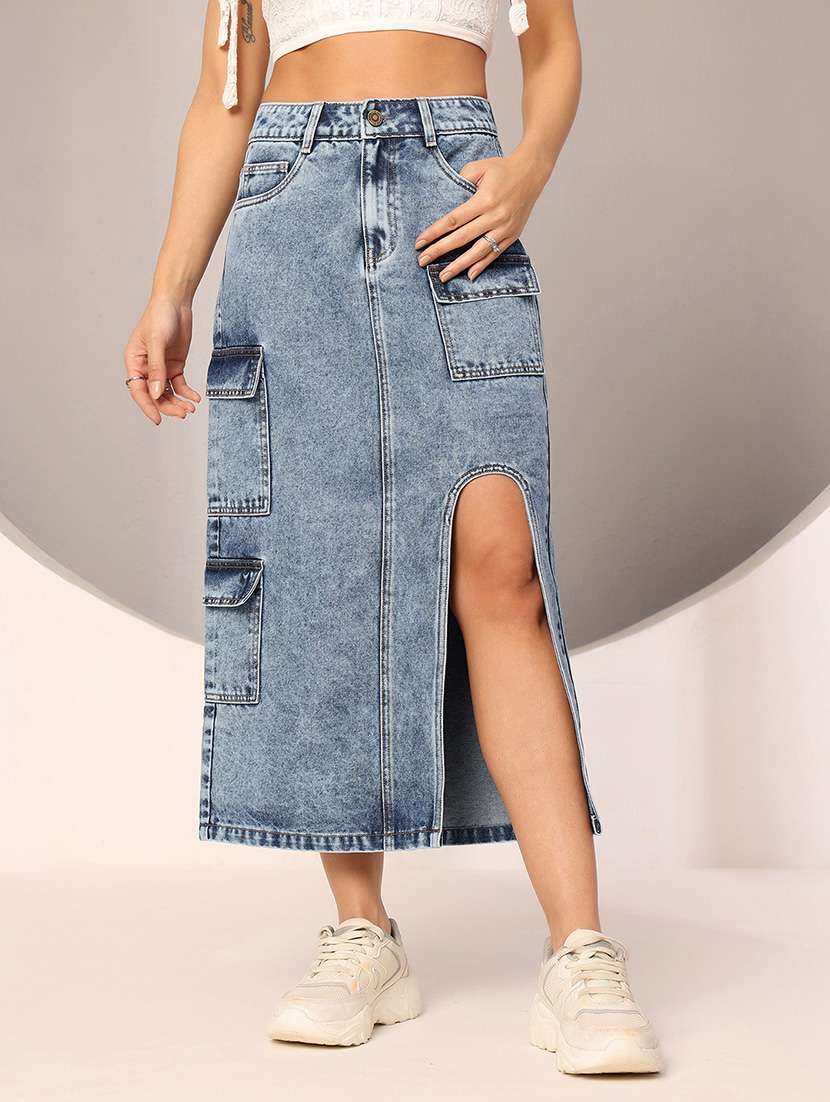 women solid high rise cargo skirt