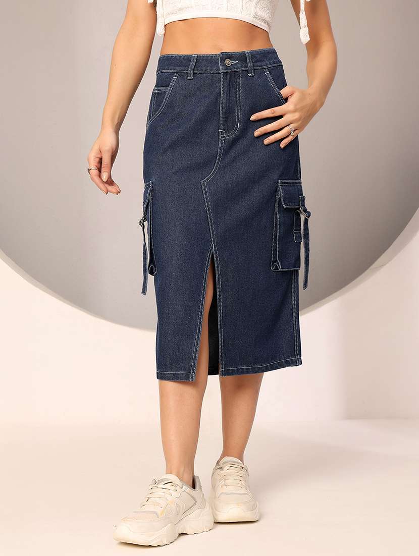 women solid high rise cargo skirt