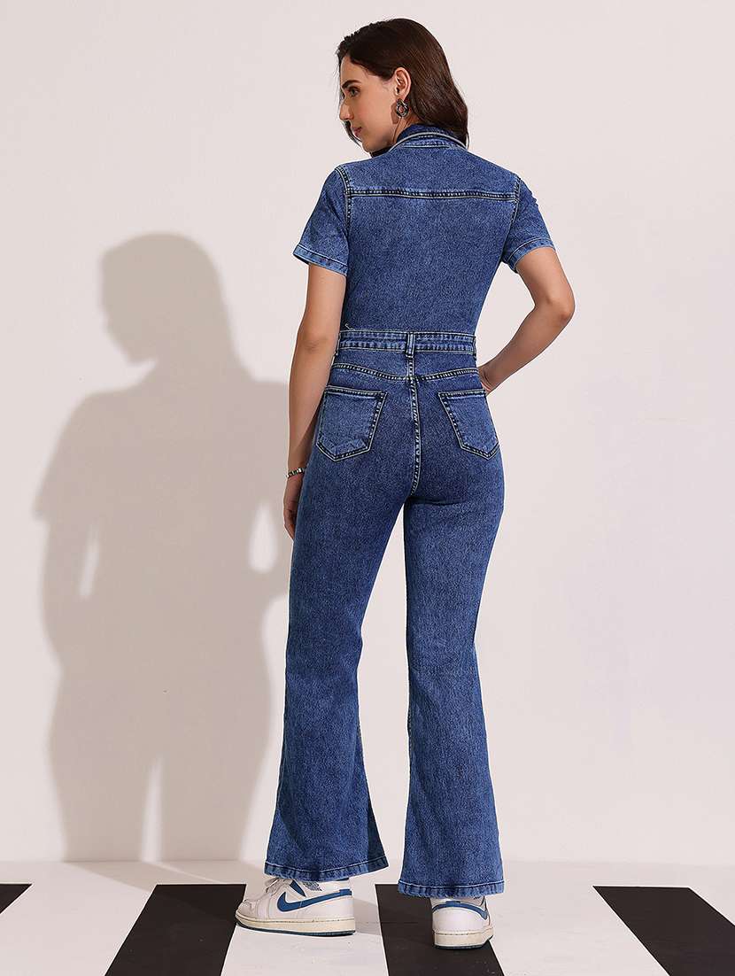 women solid short sleeve denim jumpsuit - 22402519 -  Standard Image - 3