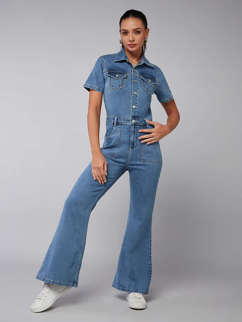 women solid short sleeve denim jumpsuit