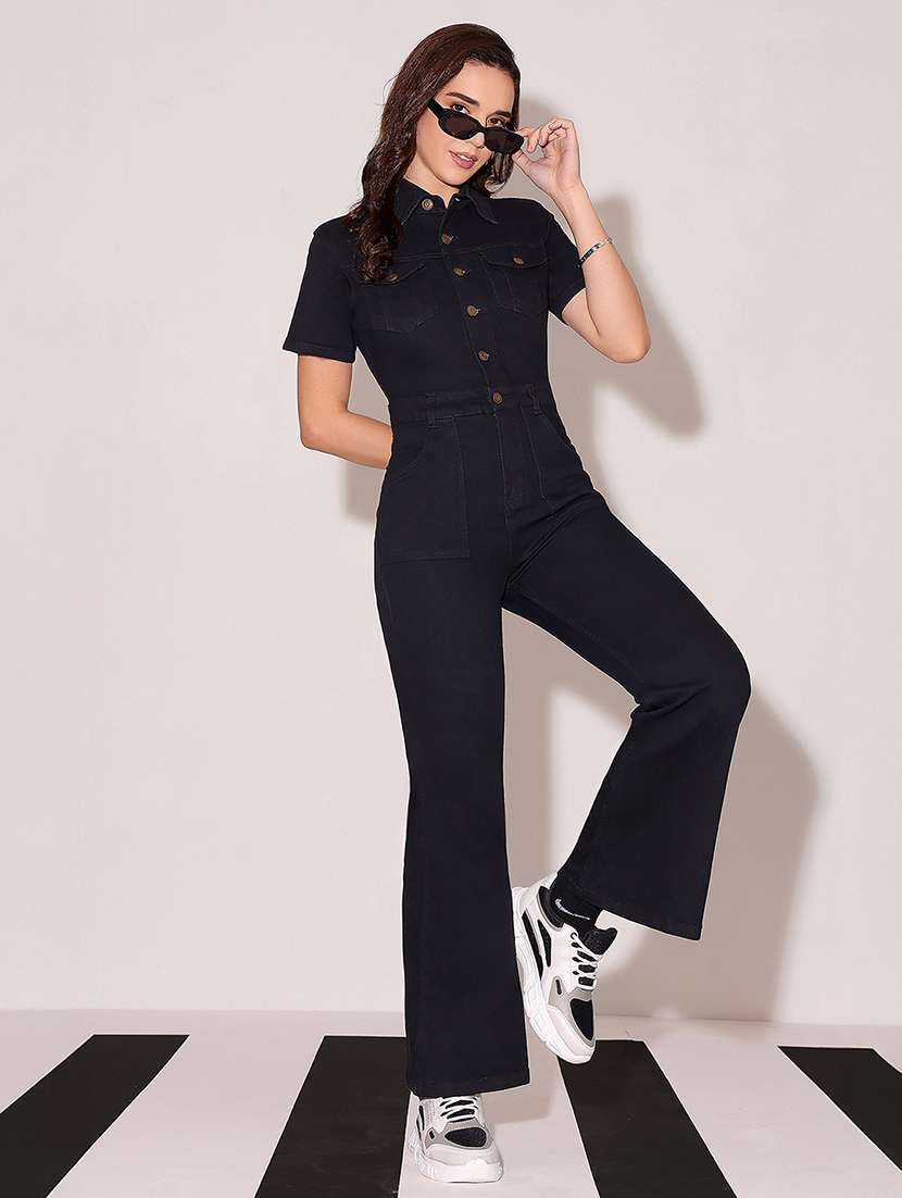 women solid short sleeve denim jumpsuit