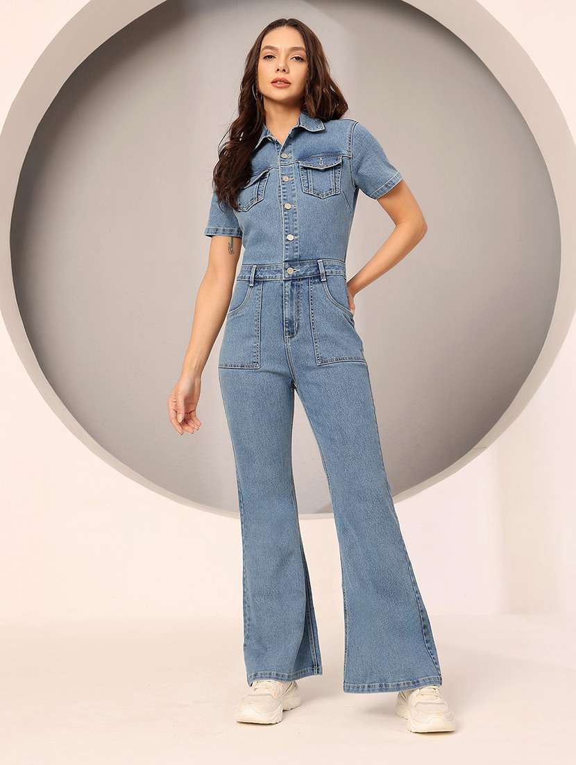 women solid short sleeve denim jumpsuit