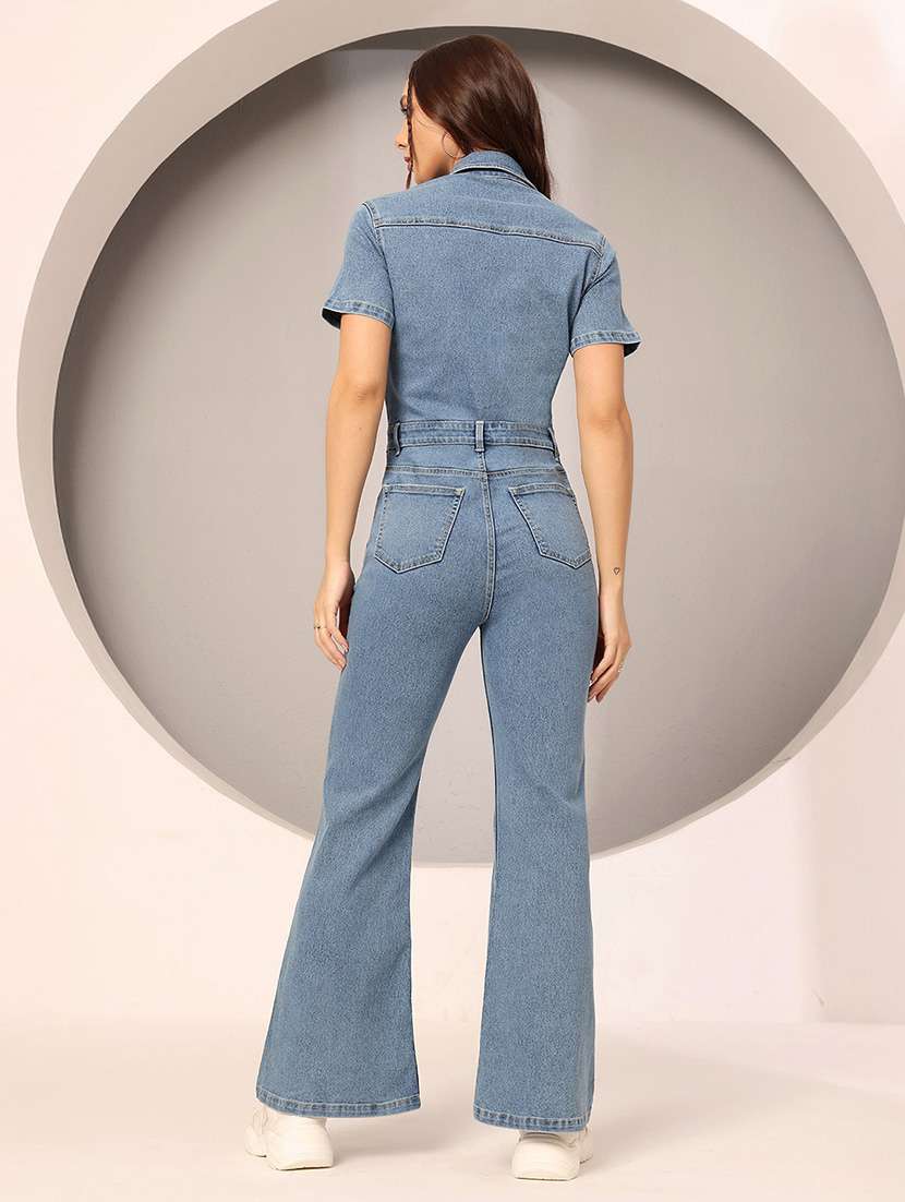 women solid short sleeve denim jumpsuit - 22402526 -  Standard Image - 3