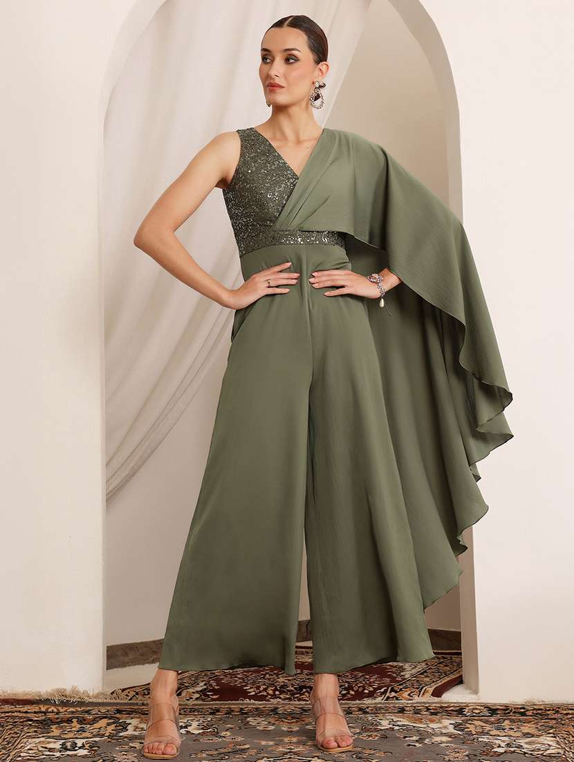 women sequined sleeveless pleated drape jumpsuit 
