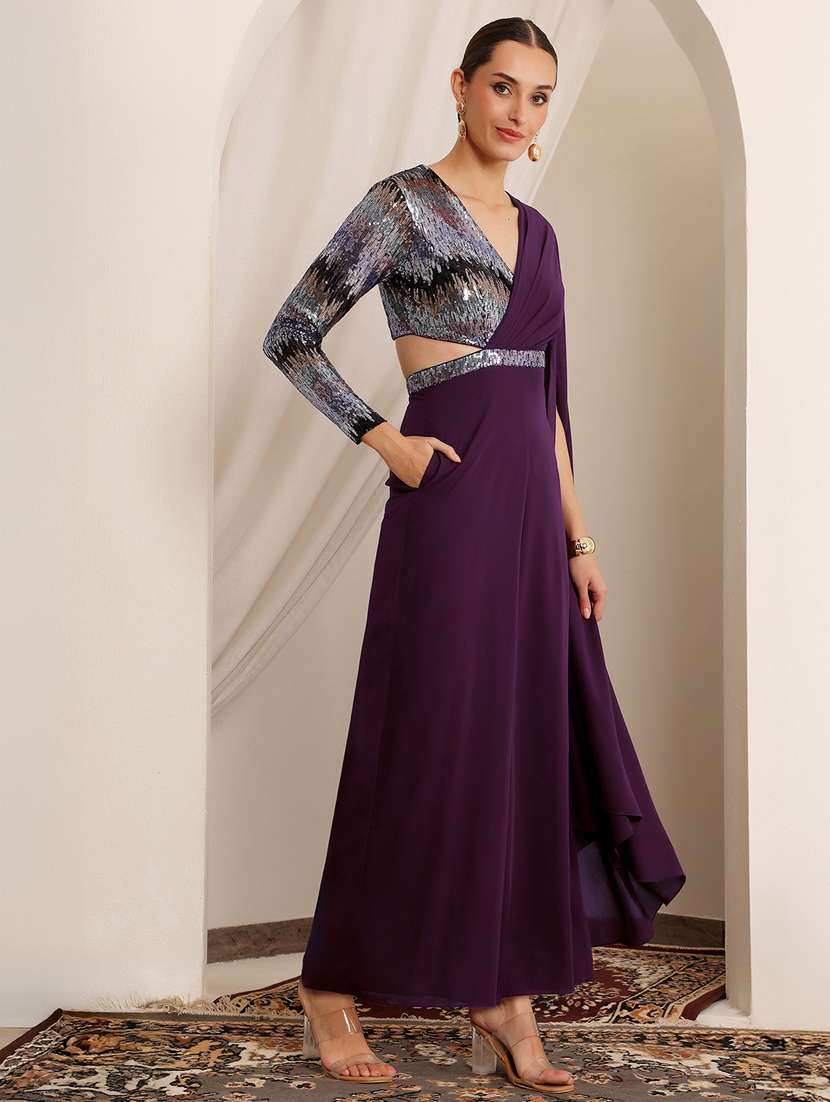 Women Sequined Cape Sleeve Fusion Jumpsuit - 22402529 -  Standard Image - 3