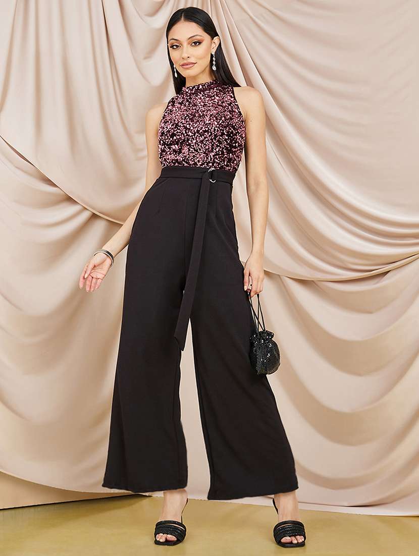 women sequined halter neck jumpsuit