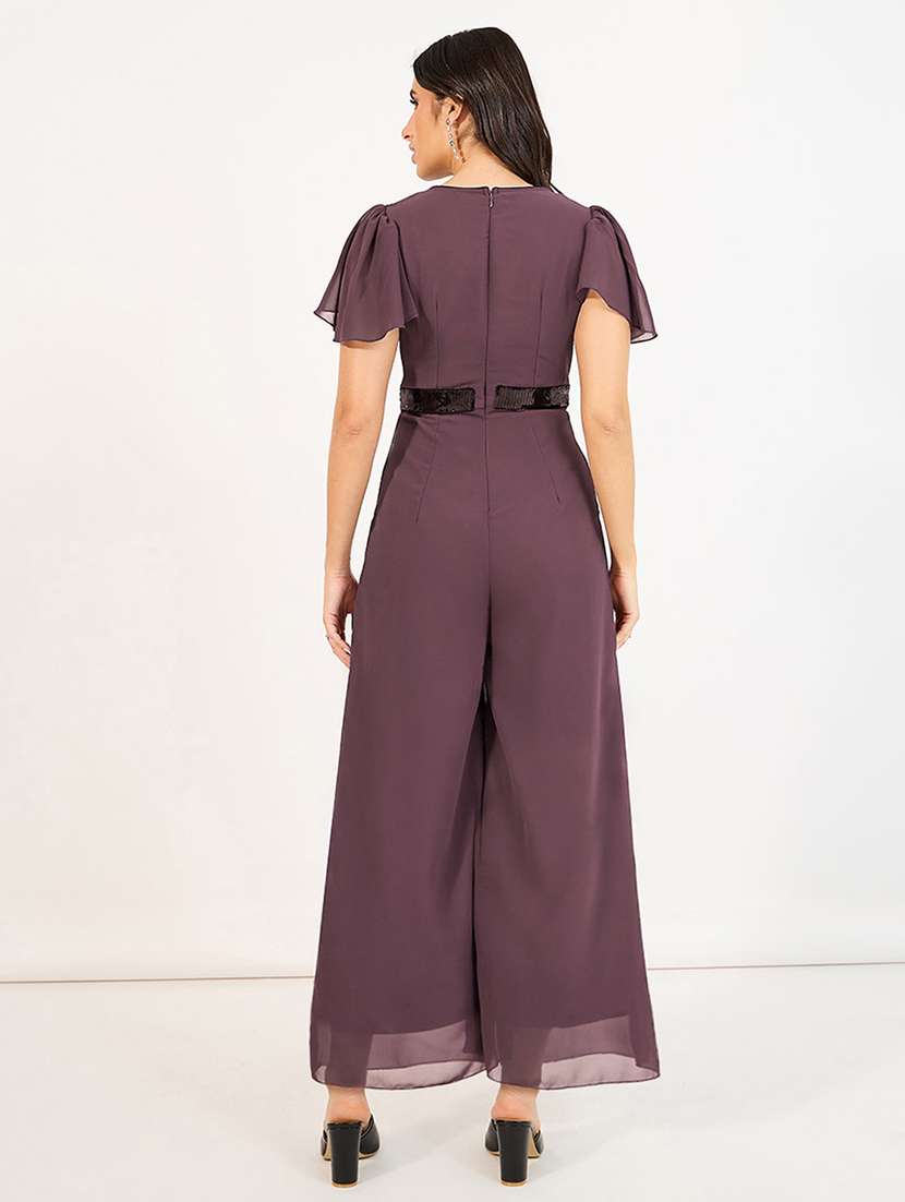 women solid overlap neck flared jumpsuit - 22402535 -  Standard Image - 3