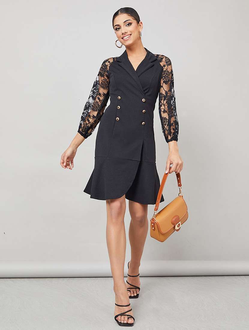 women solid bishop sleeve lace tiered dress