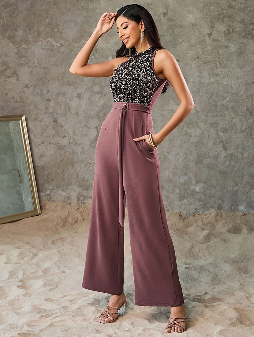 women sequined halter neck jumpsuit
