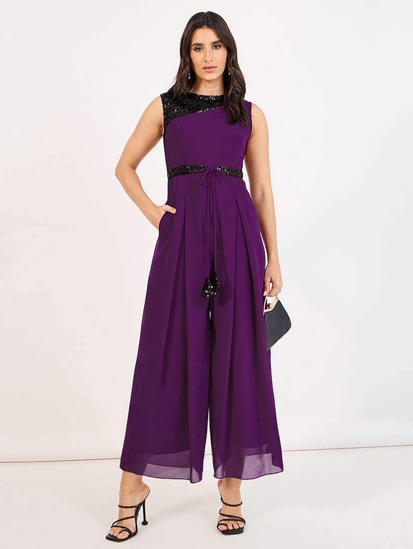 women sequined sleeveless flared jumpsuit