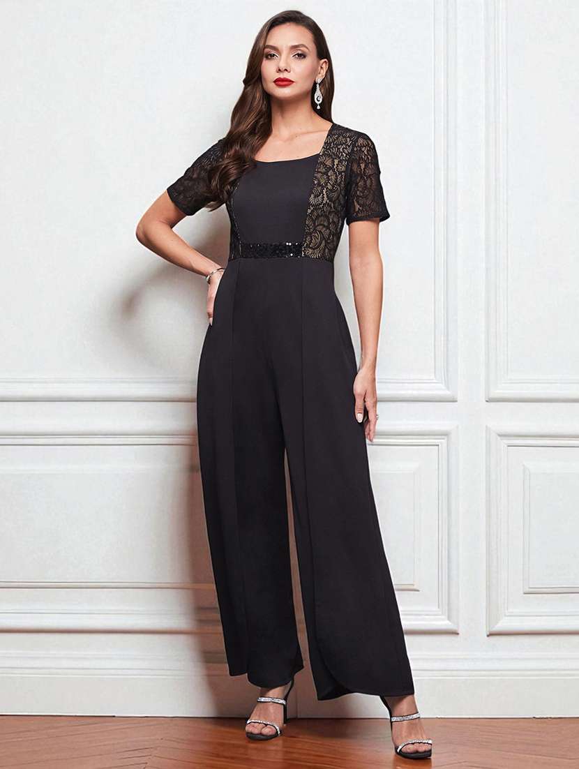 women solid short sleeve lace jumpsuit