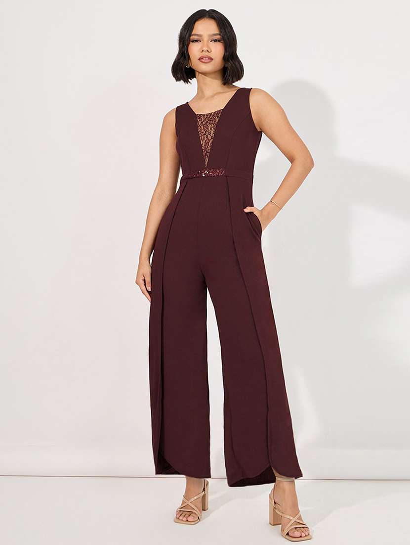 women solid sleeveless lace umpsuit
