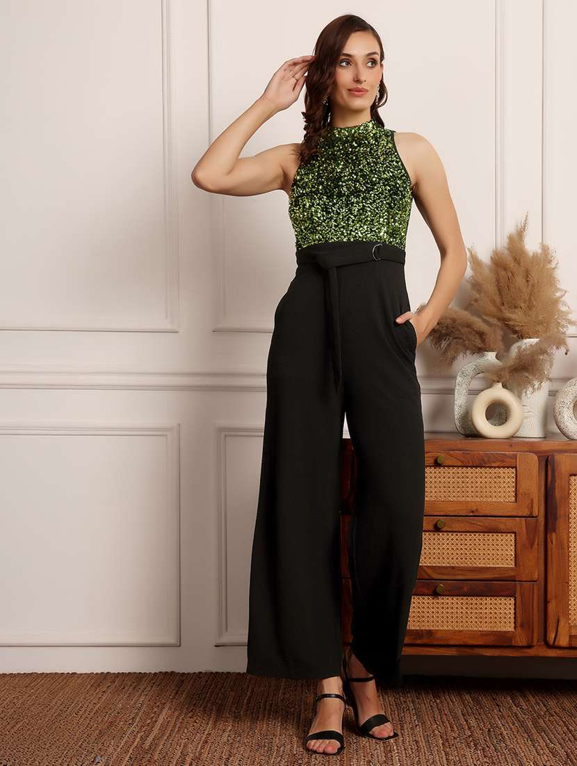 women sequined halter neck jumpsuit