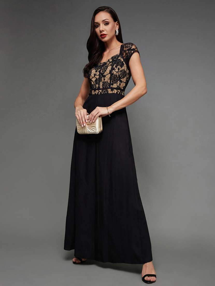 women solid short sleeve lace flared jumpsuit