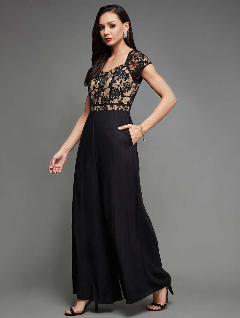 women solid short sleeve lace flared jumpsuit - 22402563 -  Standard Image - 3