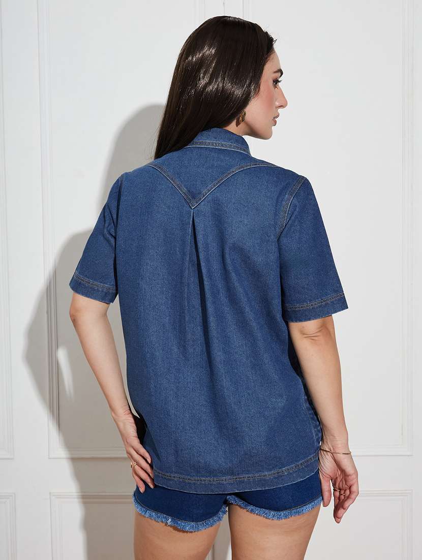 women solid collared short sleeve denim shirt - 22402570 -  Standard Image - 3