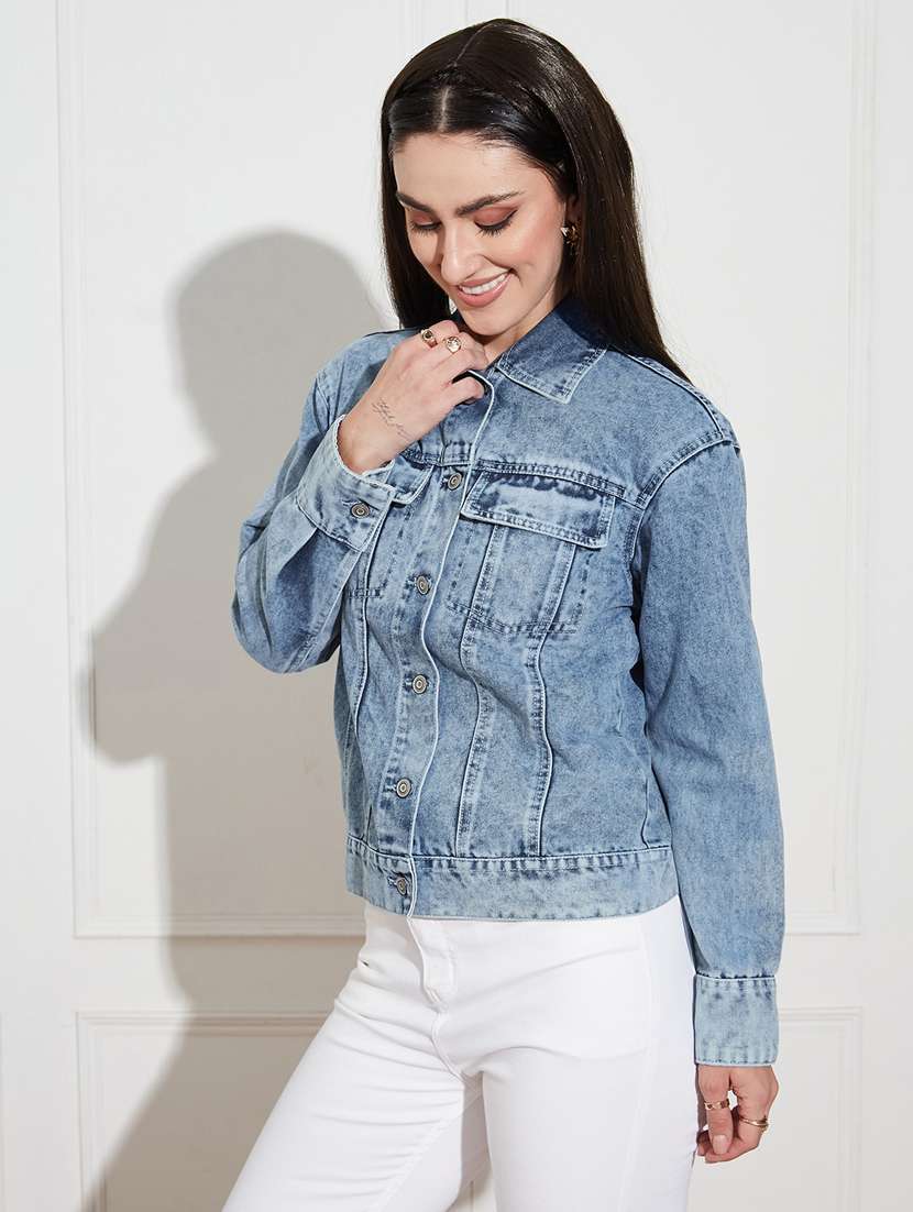 women solid collared long sleeve denim jacket