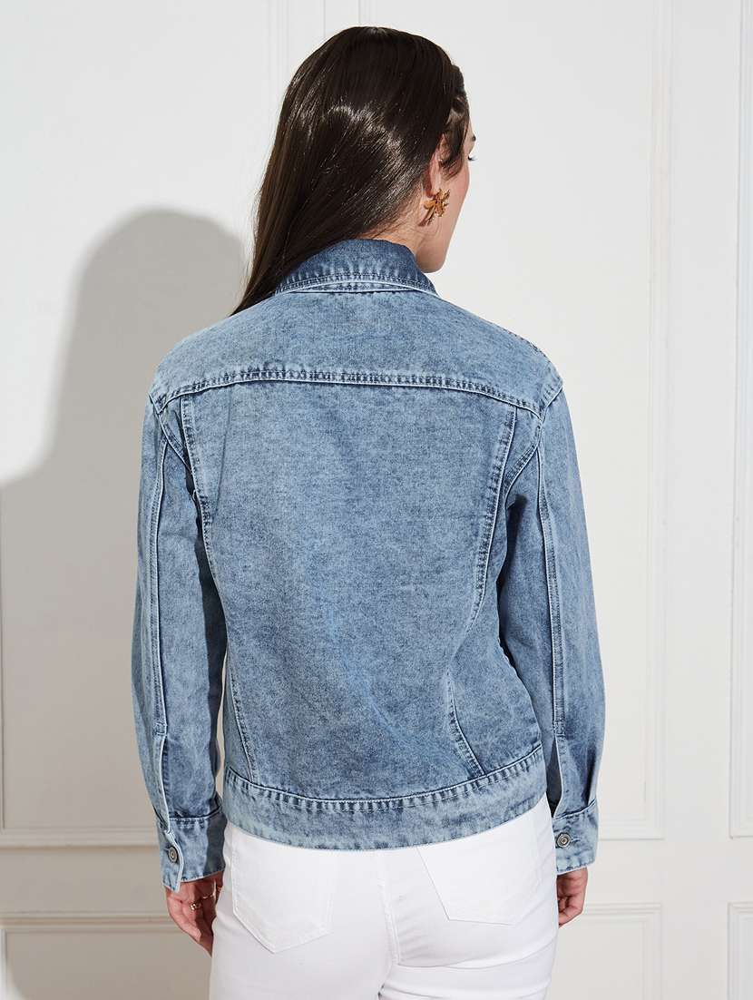 women solid collared long sleeve denim jacket - 22402585 -  Standard Image - 3