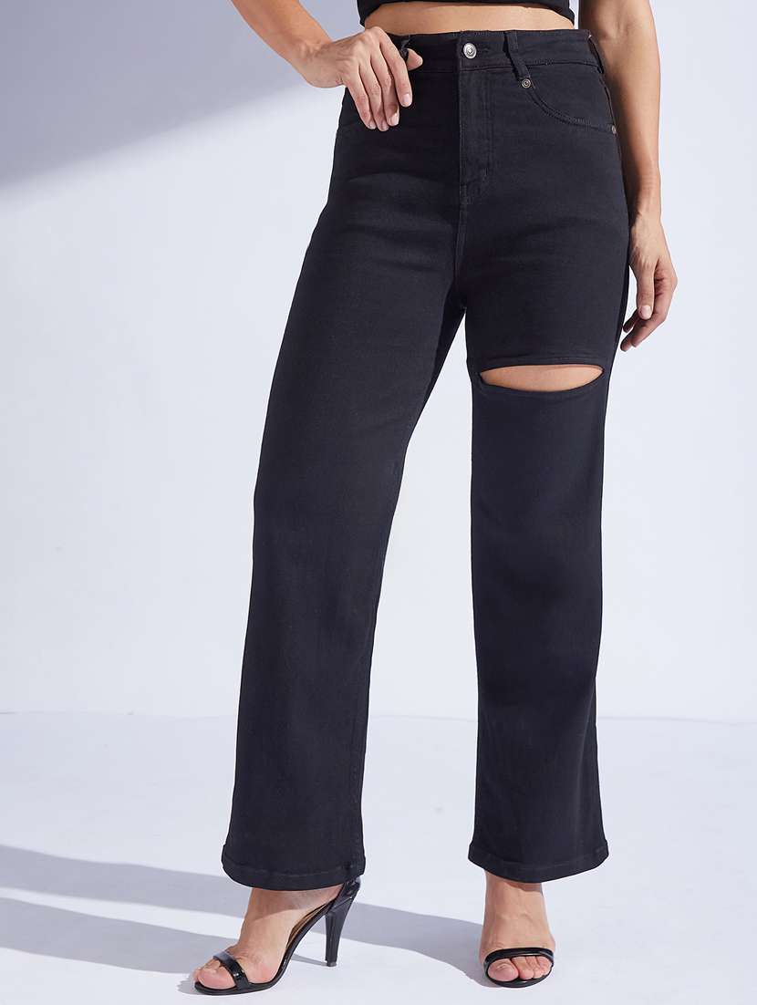 women slash knee high rise straight jeans