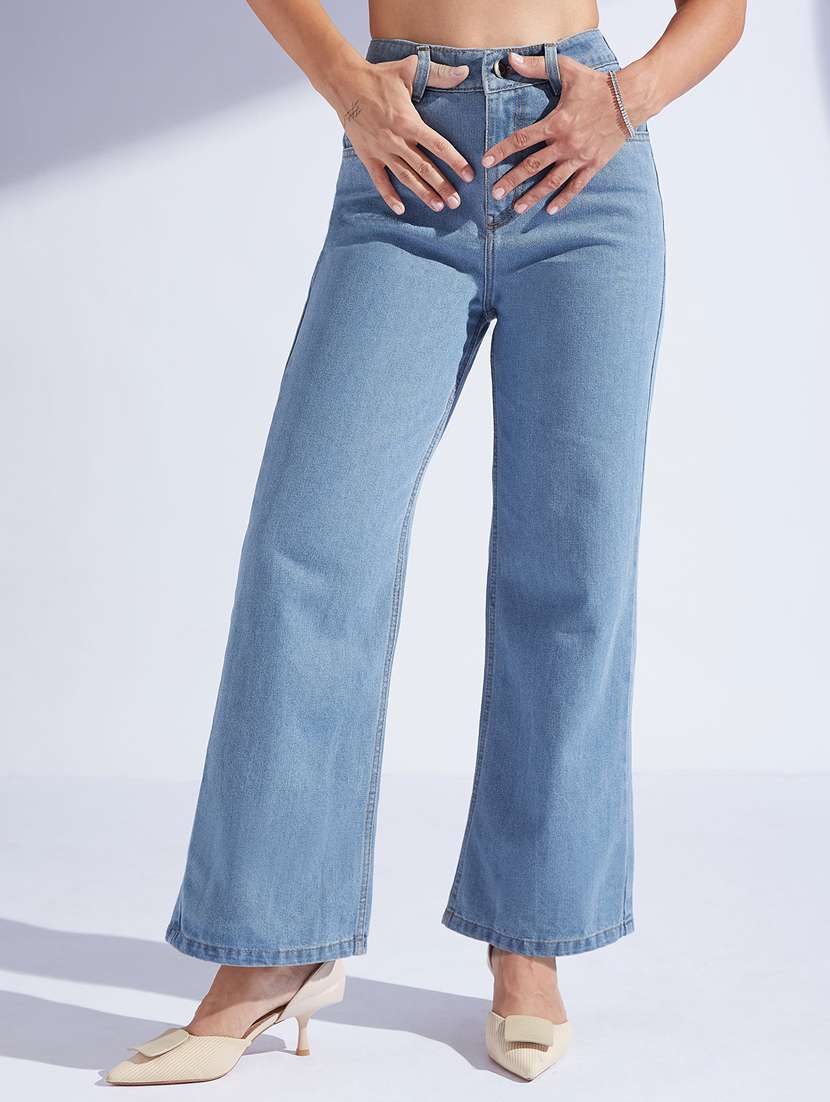 women solid high rise bootcut jeans