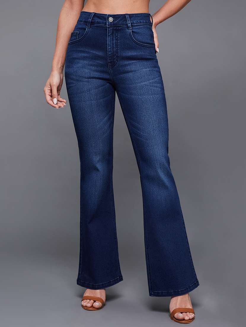 women solid high rise bootcut jeans
