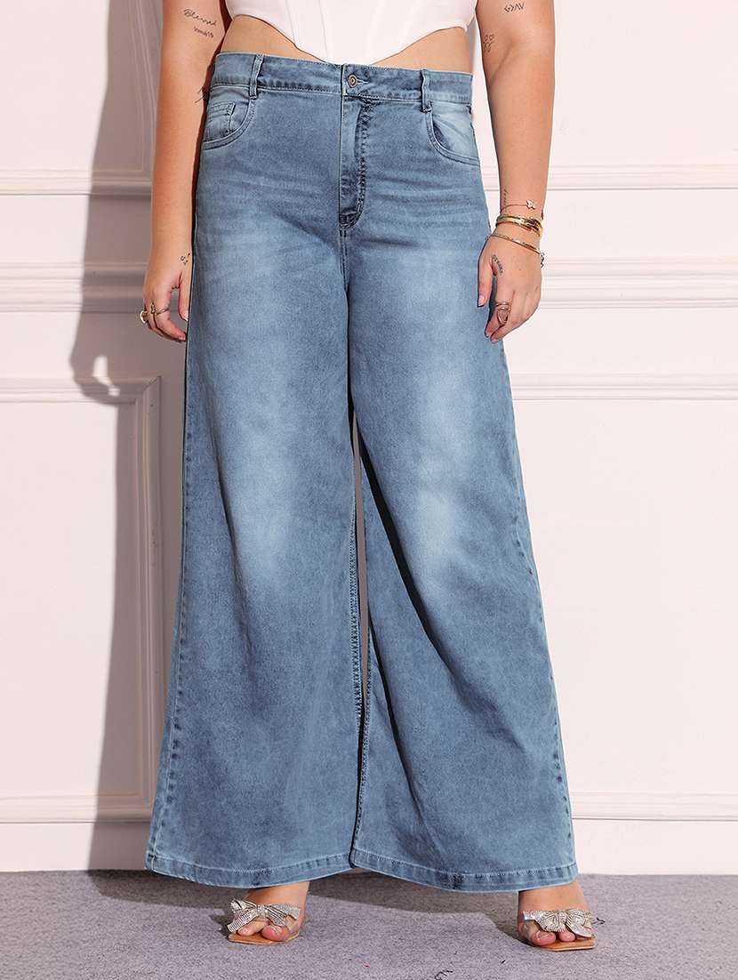 women solid high rise wide leg jeans