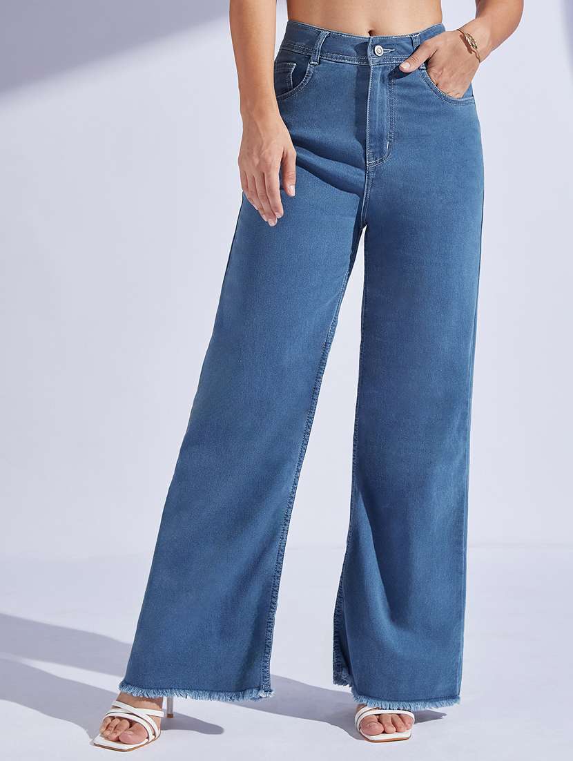 women solid high rise wide leg jeans