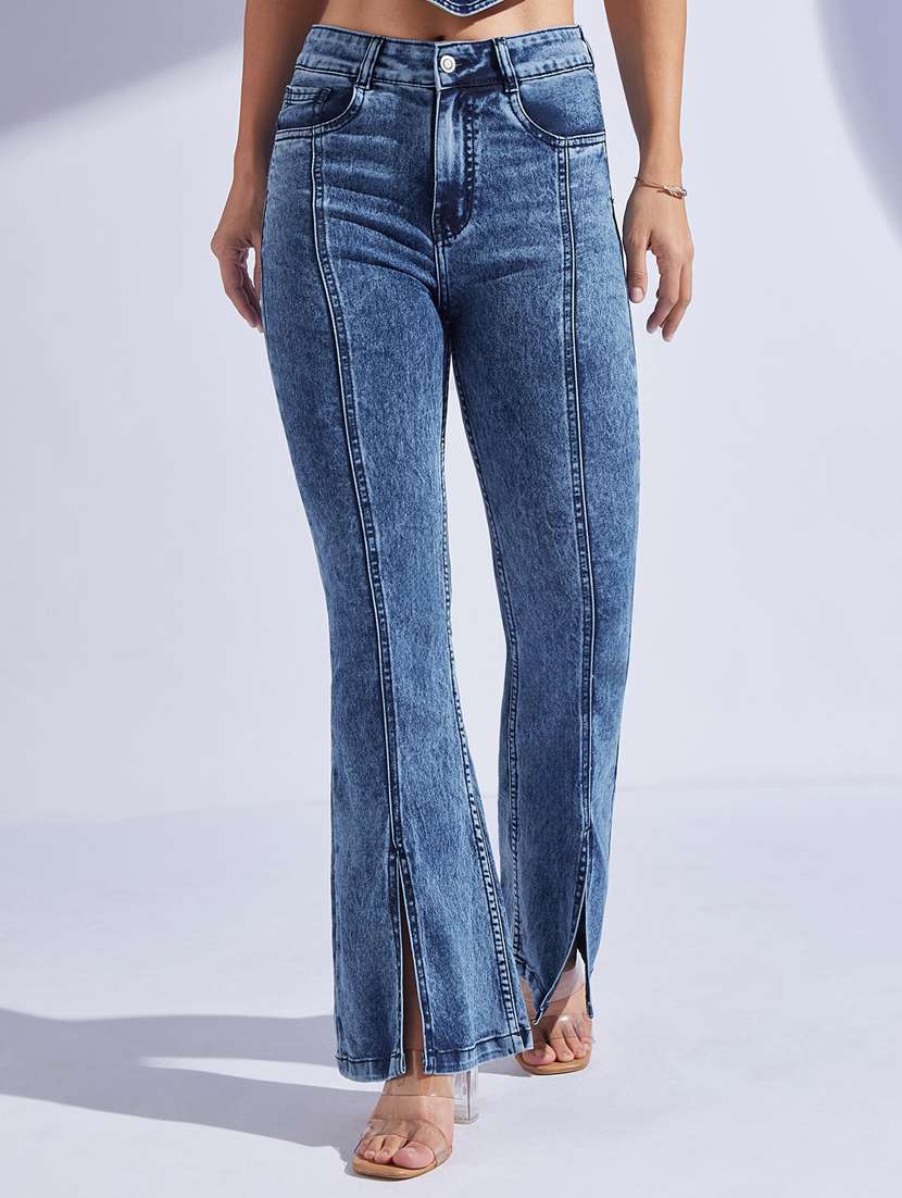 women solid high rise bootcut jeans