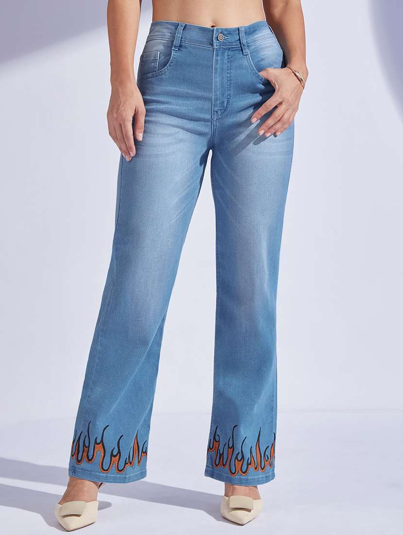 women printed high rise straight jeans