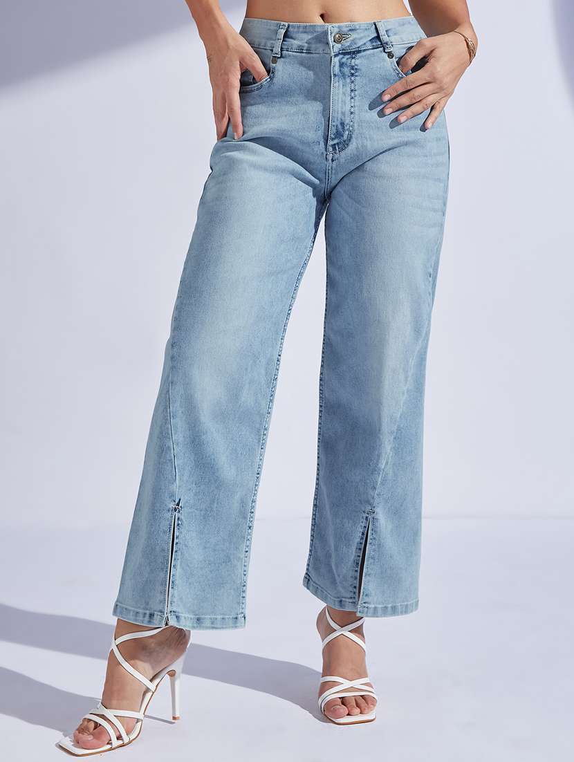 women solid high rise wide leg jeans