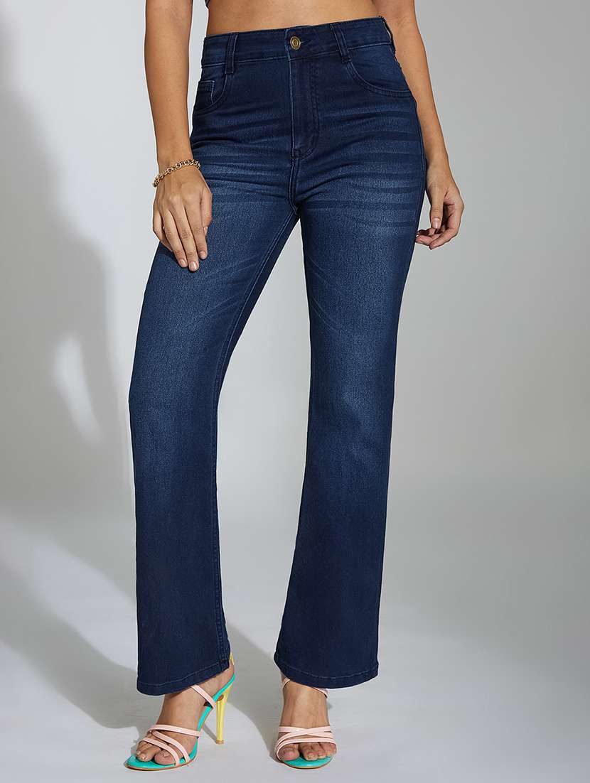women solid high rise bootcut jeans